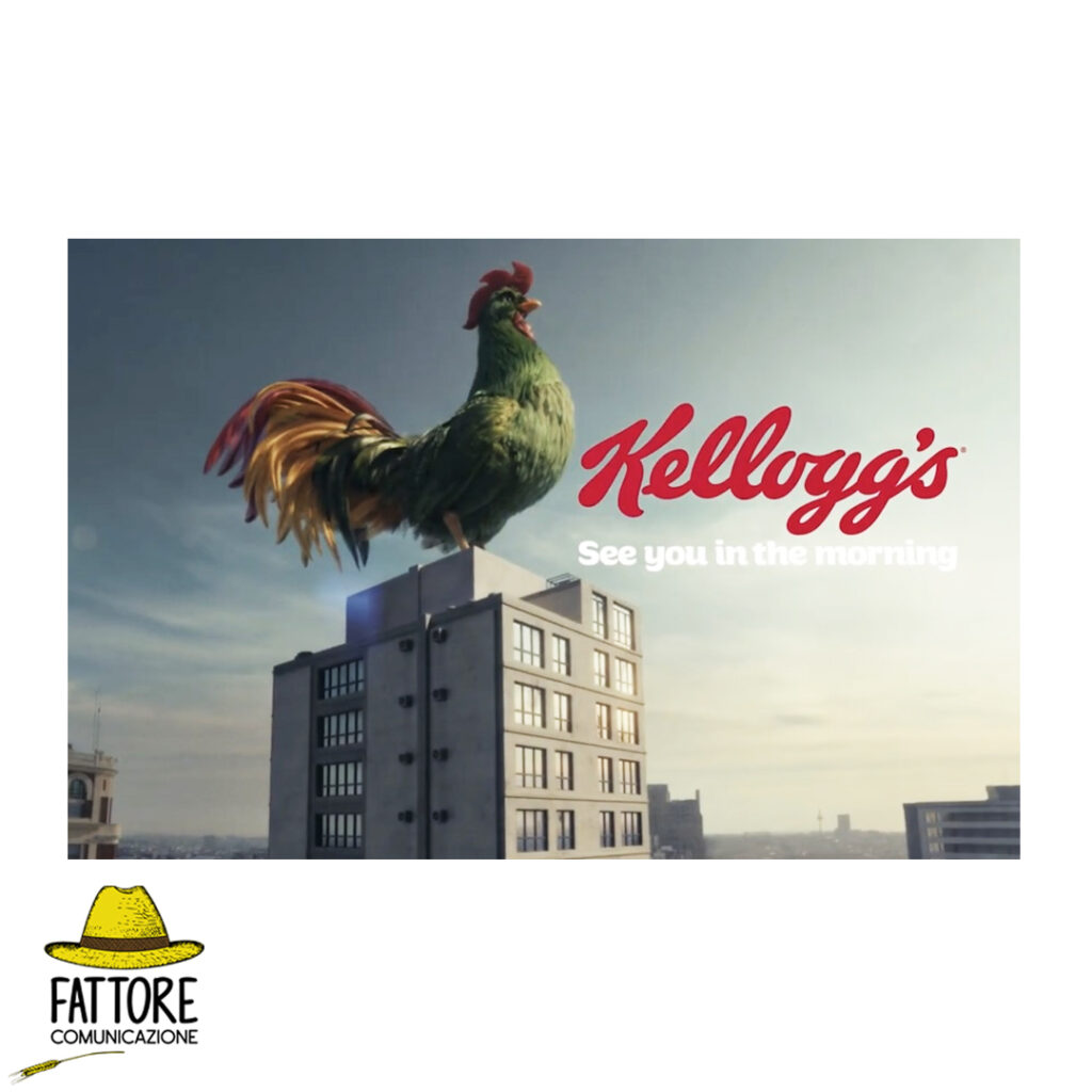 pubblicità kellogg's con gallo gigante su edificio